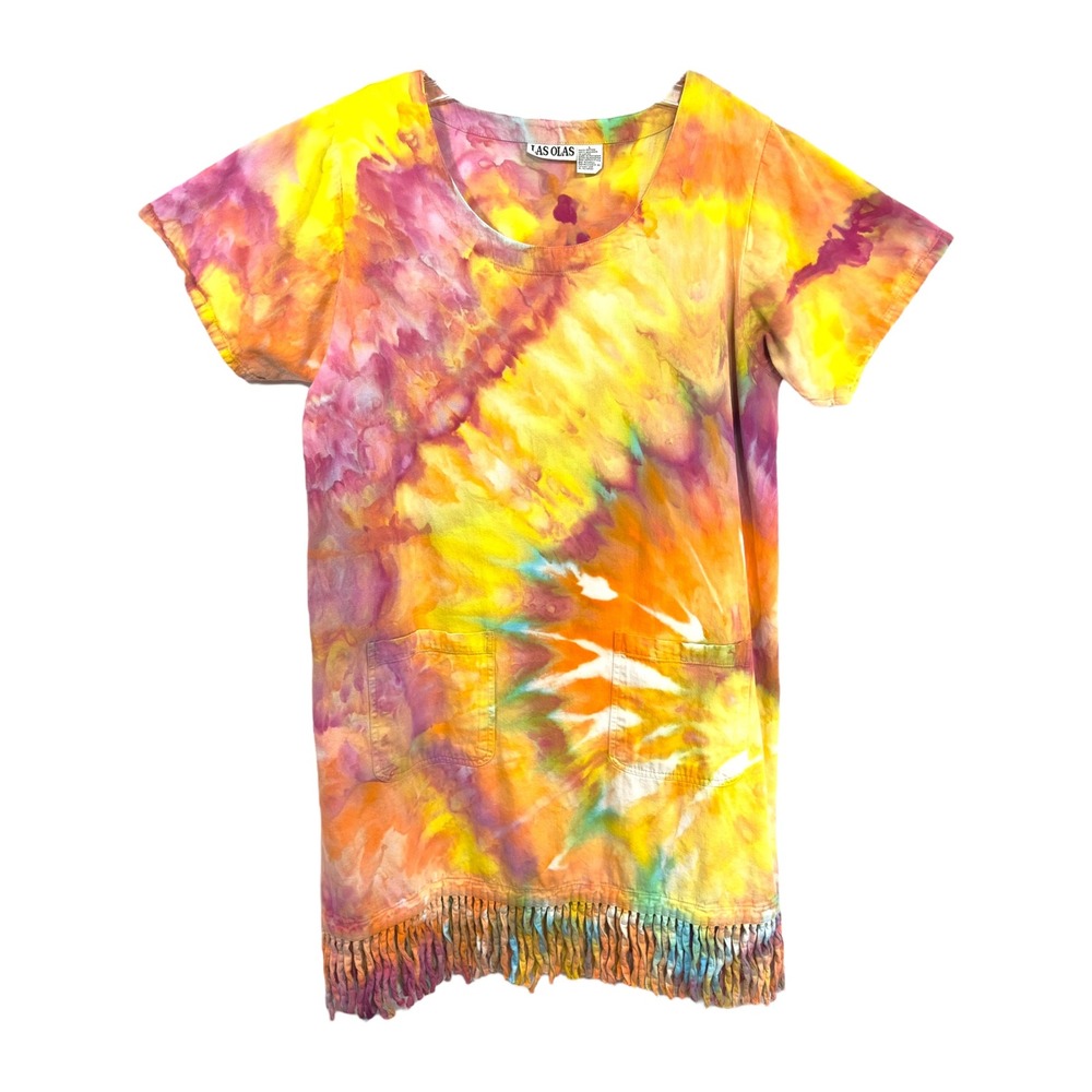 Las Olas Large Dress Handmade Tie Dye Fringe‎ Hem Short Sleeve Shift Knee249
